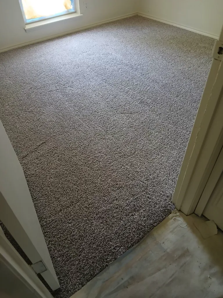 Plush taupe carpet stretched wall to wall in a bedroom lit by a single window