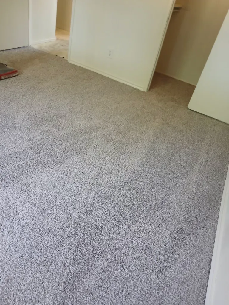 Grey plush carpet installed through a bedroom and into the closet, seams invisible at the doorway